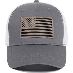 American Flag Patch Trucker‎ Hat, Gray Baseball Cap, Patriotic Mesh Back